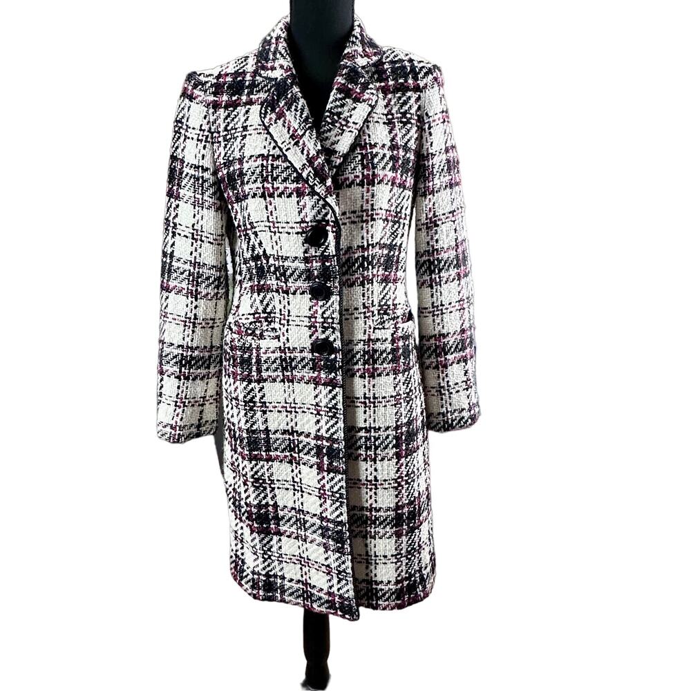 Jones New York plaid wool coat red black white knee length warm winter coat SZ 4